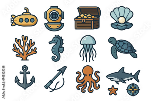 Colorful nautical icons: submarine, helmet, treasure, sea life, anchor, and compass