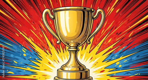 Pop art comic style vector illustration of a shining golden cup trophy award for a winner's victory success