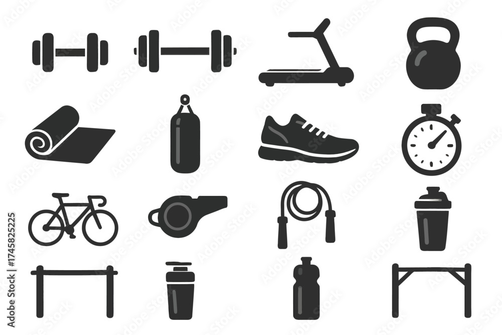 Fototapeta premium Fitness equipment icons: dumbbells, treadmill, kettlebell, bicycle, stopwatch, whistle