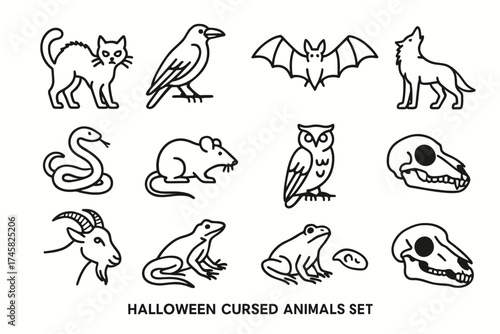 Halloween cursed animals set: bat, crow, wolf, snake, rat, owl, skull, cat, goat, frog