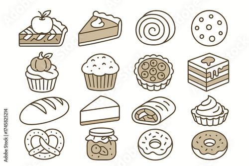 Outlined dessert icons: pies cupcakes donuts and pastry variety