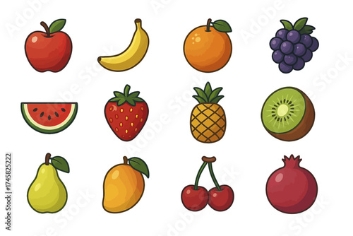 Colorful array of cartoon fruits: apple, banana, orange, grapes, watermelon, strawberry, pineapple, kiwi, pear, mango, cherries, pomegranate