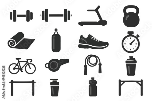 Fitness equipment icons: dumbbells, treadmill, kettlebell, bicycle, stopwatch, whistle