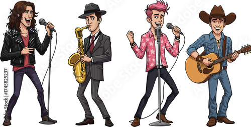 Cartoon male musicians, music genres, microphone, saxophone, guitar, performance pose, fashion styles, vector illustration, sound, character diversity