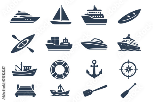 Nautical icons set: boats, ships, kayak, anchor, compass, paddle, lifebuoy