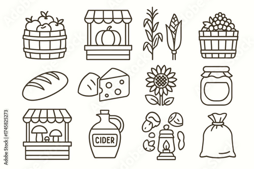 Outline icons of farm produce: apples, pumpkins, corn, grapes, bread, cheese, sunflower, honey, mushrooms, cider