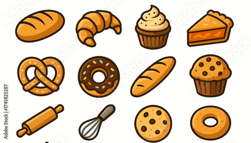 Cartoon baked goods collection featuring bread, pastries, and desserts