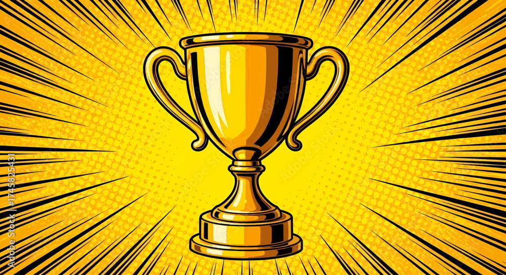 Obraz premium Winner's golden cup trophy award for victory and success. A first place prize for achievement. Pop art comic style