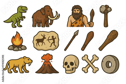 Prehistoric symbols: dinosaur, saber-tooth, caveman, mammoth, tools, and artifacts
