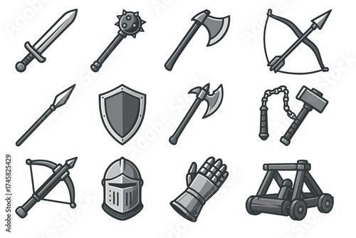 Medieval weaponry collection: swords, axes, bows, shields, and armor