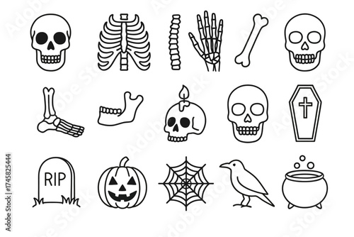 Halloween icons: skulls, skeletons, and spooky symbols