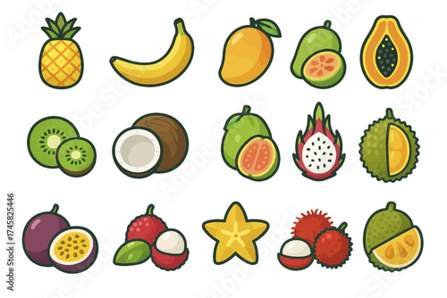 Colorful illustration of exotic tropical fruits variety set