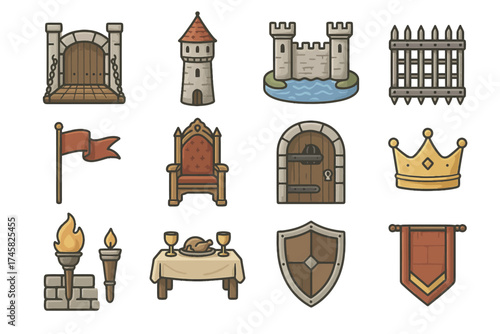 Medieval icons collection featuring castle, crown, and shield illustrations