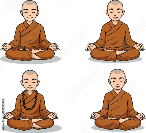 Cartoon meditating monks, orange robes, peaceful pose, spiritual practice, mudra hands, shaved head, mindfulness, vector illustration, serenity, tradition