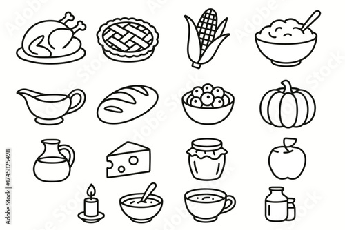 Thanksgiving food icons: turkey, pie, corn, and more delicacies