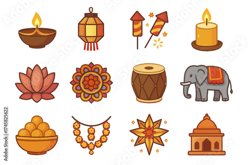 Diwali festival icons: oil lamp, lantern, fireworks, candle, lotus, elephant, sweets, temple