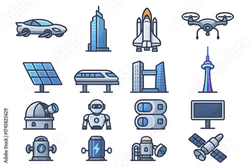 Futuristic technology icons: cars, drones, robots, spacecraft, and more