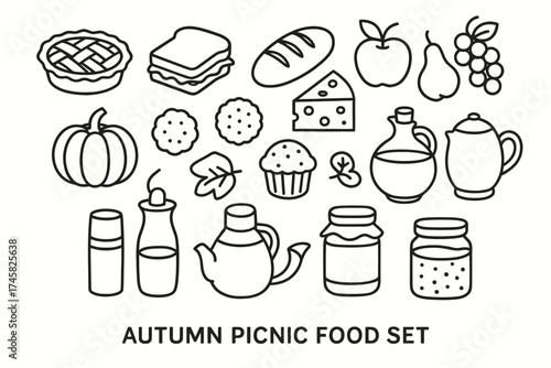 Autumn picnic food set: pie, sandwich, bread, cheese, drinks, fruits, and snacks