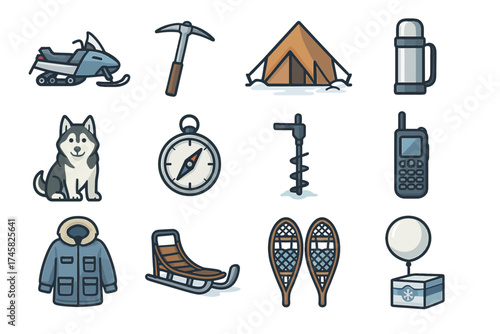 Winter adventure essentials: snowmobile, camping gear, and outdoor tools icons