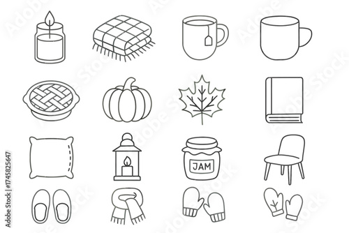 Cozy autumn icon set featuring candle, blanket, hot drink, pumpkin, lantern, and more