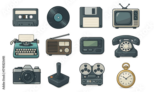 Retro gadgets collection: vintage tech icons including radio, cassette, and typewriter