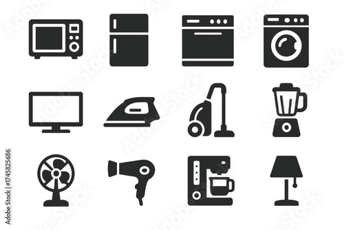 Black icon set of household appliances including microwave, refrigerator, and washing machine