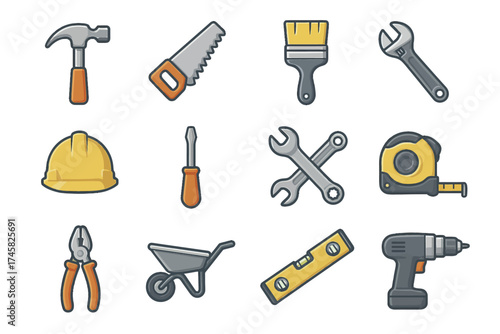 Essential construction tools set: hammer, saw, brush, wrench, drill, and more icons