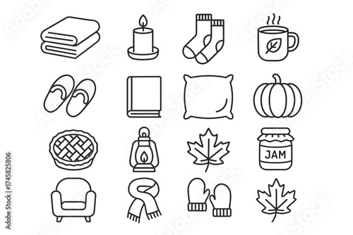 Cozy autumn icons: blanket, candle, socks, mug, and more essentials