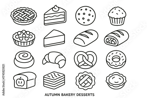 Black and white line art of various autumn bakery desserts