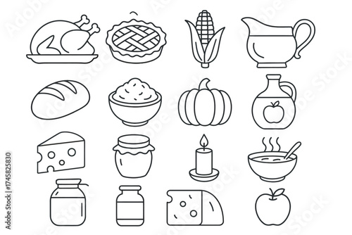 Thanksgiving symbols: turkey, corn, pie, and autumn harvest icons
