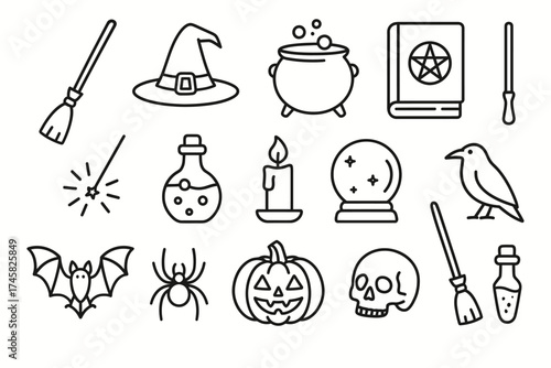 Halloween symbols: witch hat, cauldron, potion, crystal ball, pumpkin, skull, and broomstick
