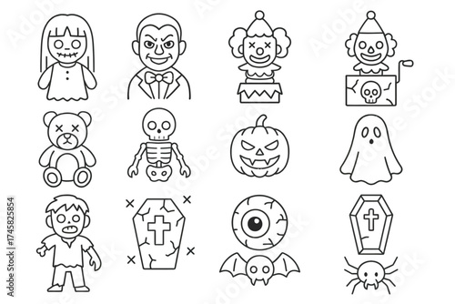 Halloween icon collection: ghosts, zombies, clowns, and more spooky characters