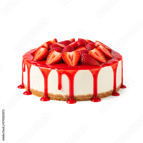 Strawberry cheesecake with syrup and strawberries on top, front view on white background