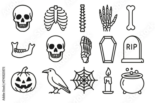 Halloween symbols: skulls, skeletons, tombstones, and spooky elements