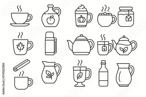 Collection of outline icons representing various hot beverages and containers