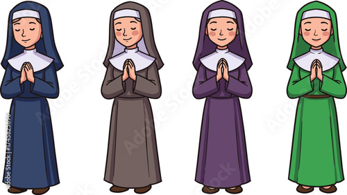 Cartoon praying nuns, religious characters, colorful habits, spiritual pose, closed eyes, devotion, faith, vector illustration, culture, peaceful moment