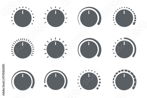 Set of twelve grey control knob icons for audio and interface design