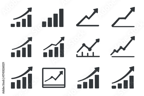 Set of twelve black graph icons with arrows indicating growth