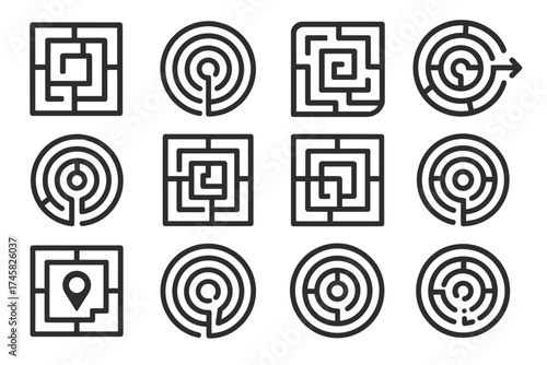 Twelve black line mazes with square and circular patterns on white background