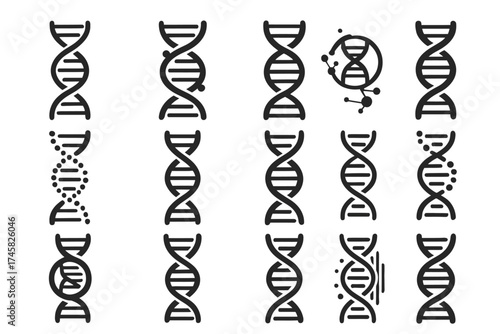 Set of diverse dna helix icons representing genetic science and molecular structure