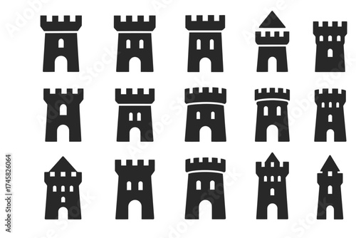 Collection of castle tower silhouettes in various styles