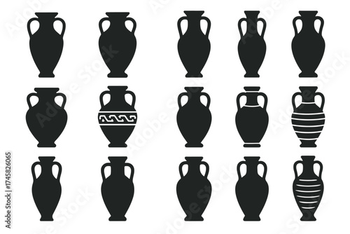 Collection of ancient amphora silhouettes in various designs and patterns