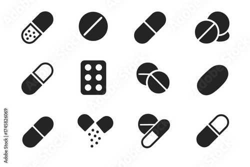 Collection of various pharmaceutical pill icons in black and white