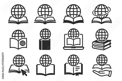 Set of globe and book icons representing global education and learning concepts