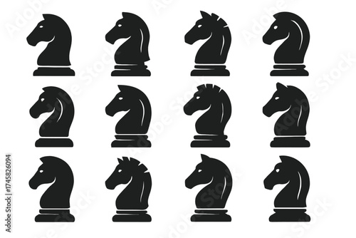 Collection of black knight chess pieces in different styles