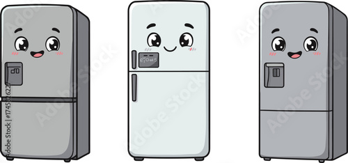 Cartoon refrigerator, cute appliance, smiling fridge, kitchen character, vector illustration, anthropomorphic design, happy face, home decor, children content, stock image
