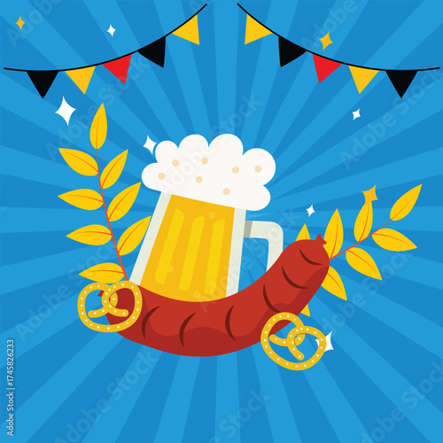 Oktoberfest celebration poster design with beer mug and sausage festive german beer festival vector