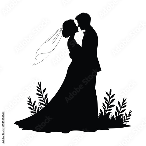 Editable wedding couple silhouette