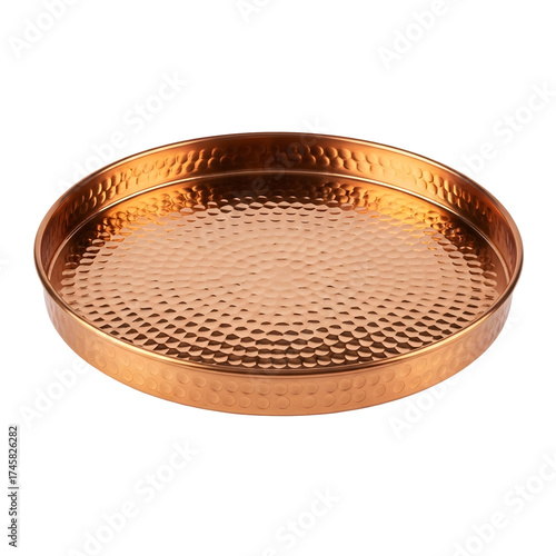 A copper round tray with a hammered texture, featuring subtle reflection. Presented on a transparent background in a close up still life view for detail and elegance.