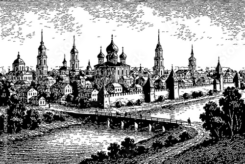 Vintage cityscape etching of an old Russian town with domed cathedrals, towers, fortress walls, and a riverside bridge. Detailed historical engraving style ideal for heritage or travel designs.